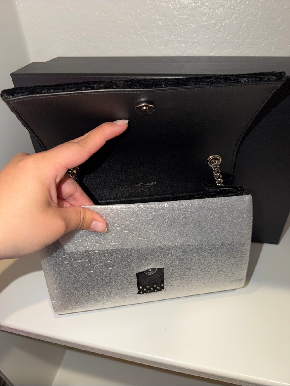 New! Saint Laurent Black Velvet
Crossbody Bag with Crystal Accents - Picture 15 of 15